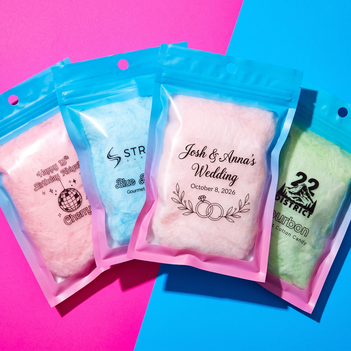 Custom labeled cotton candy pouches for a wedding favor, a business, a birthday party, and a corporate gift. 