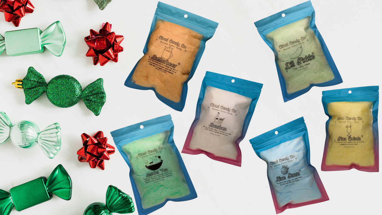 Assorted small bags with visible branding on a white background with decorative items.