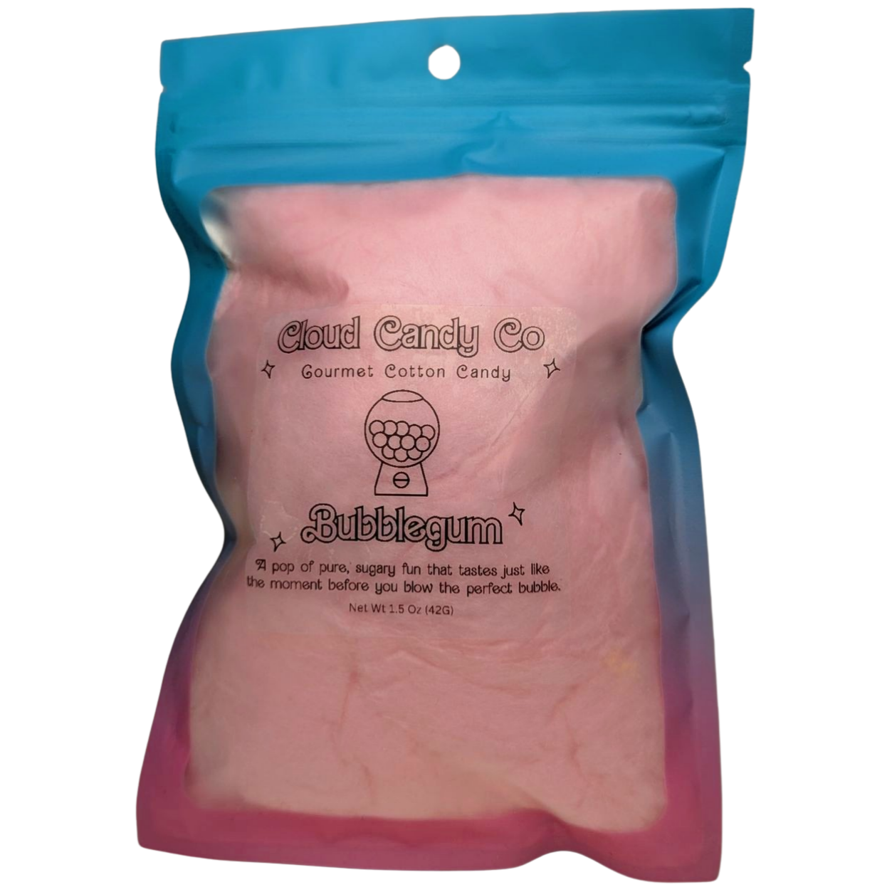 Packaged cotton candy labeled 'Cloud Candy Co Bubblegum' on a white background