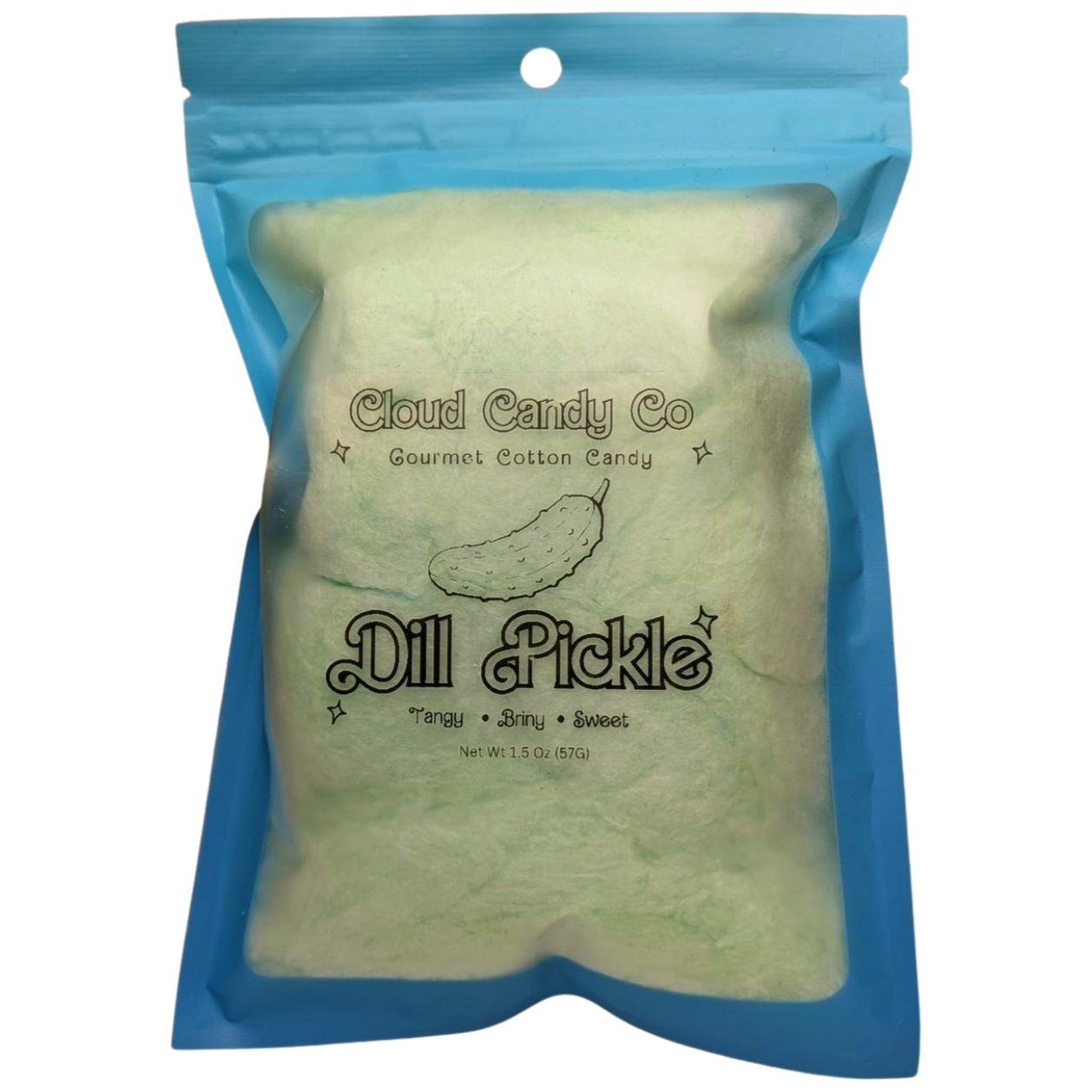 Packaged cotton candy labeled 'Dill Pickle' from Cloud Candy Co on a white background