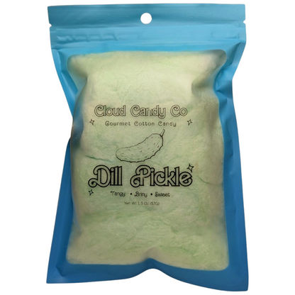 Packaged cotton candy labeled 'Dill Pickle' from Cloud Candy Co on a white background