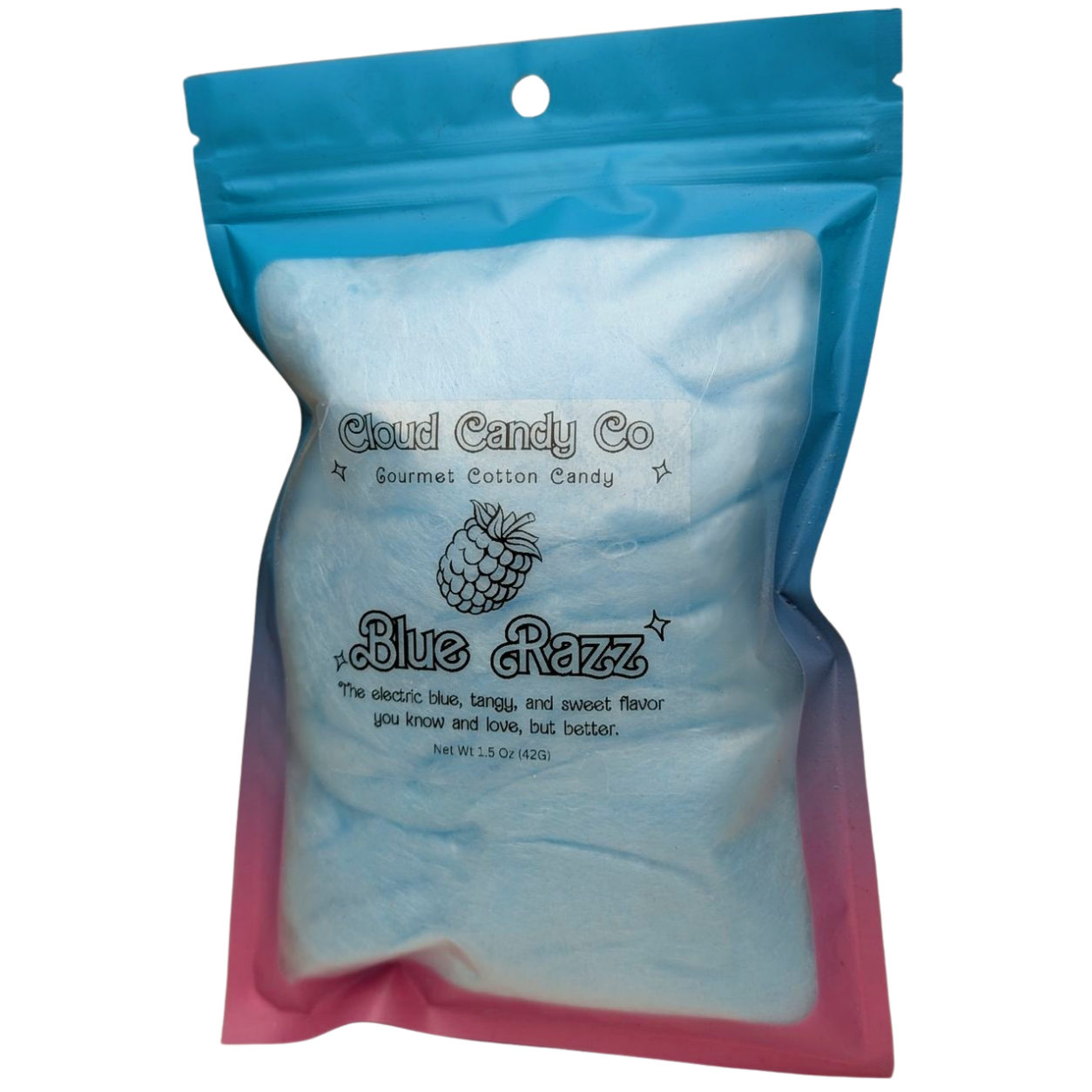 Packaged cotton with 'Cloud Candy Co' branding on a white background