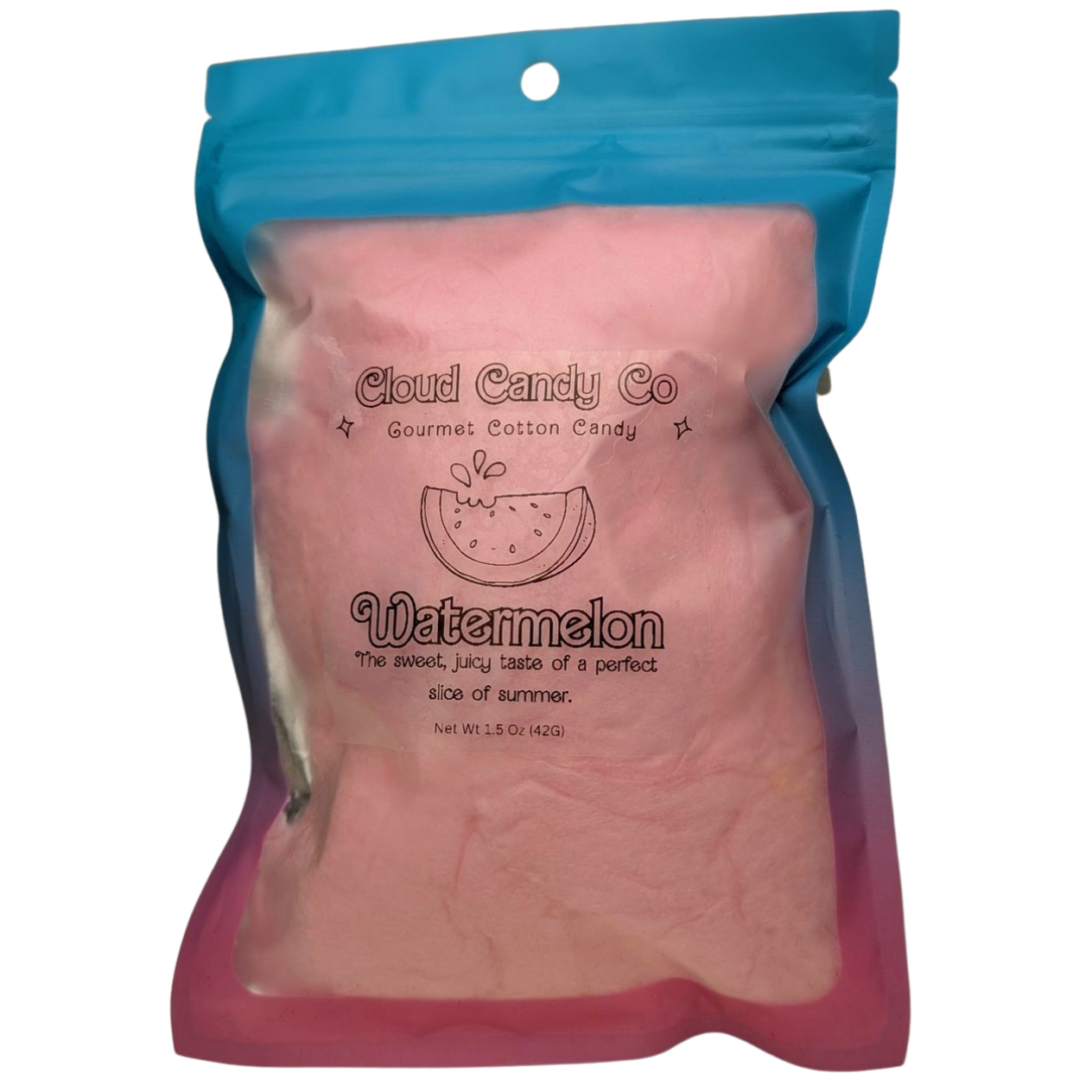 Pink cotton candy in a blue packaging with 'Cloud Candy Co' branding on a white background