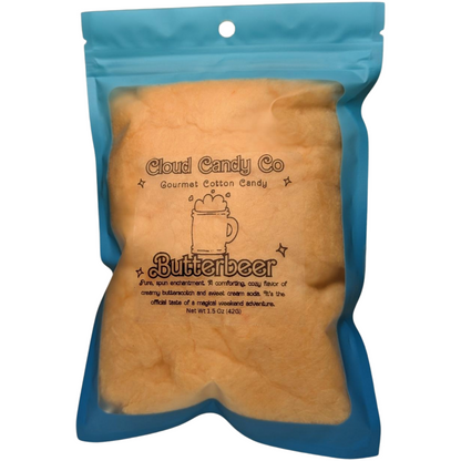 Packaged cotton candy labeled 'Cloud Candy Co Butterbeer' on a white background