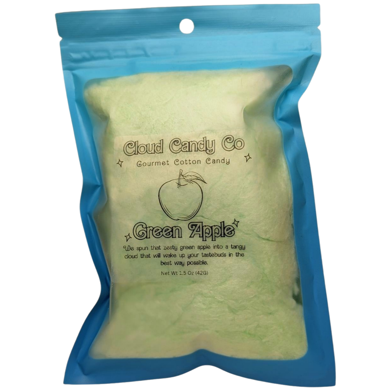 Green cotton candy in a blue Cloud Candy Co packaging on a white background