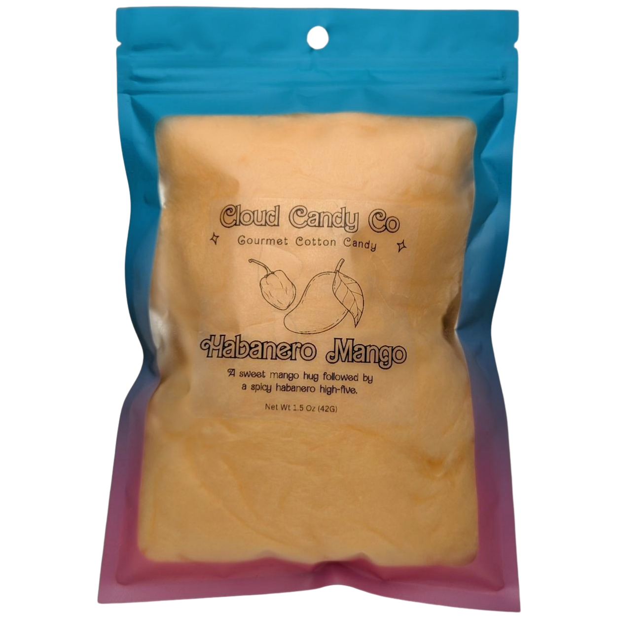 Packaged habanero mango candy with 'Cloud Candy Co' branding on a white background