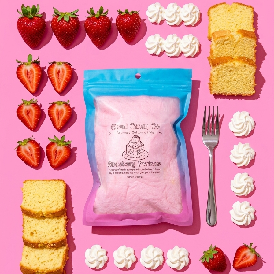 A pink and blue bag of Cloud Candy Co. Strawberry Shortcake cotton candy is displayed on a bright pink background, surrounded by decorative food props including sliced strawberries, cake slices, whipped cream swirls, and a silver fork.